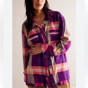 Free People We The Free So Long Summer Plaid Top Pink Purple Size XL